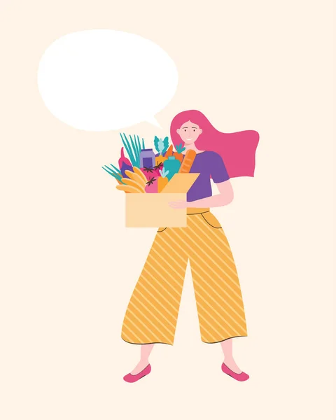 Joyeux Jeune Femme Sourit Tient Une Boîte Carton Pleine Légumes — Image vectorielle
