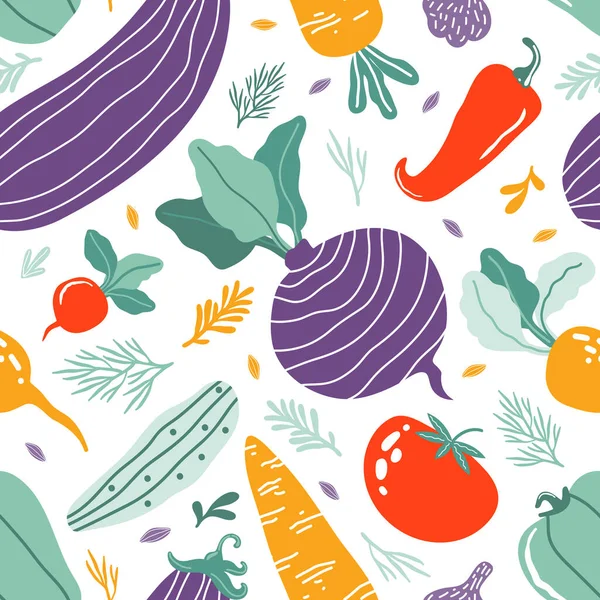 Handgezeichnetes buntes Doodle-Gemüse im Bio-Stil mit nahtlosem Muster. Hintergrund: Gurken, Karotten, Tomaten, Rote Bete, Paprika, Auberginen. Vegetarische gesunde Kost. Landwirtschaftliche Produkte. Cartoon-Flachvektor — Stockvektor