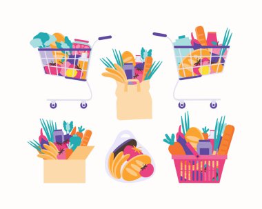 Süpermarket alışveriş arabası, kağıt torba, düz vektörde karton kutu. Market alışverişleri, kağıt ve plastik paketler. Doğal yiyecek, organik meyve ve sebze. Alışveriş merkezinin malları.