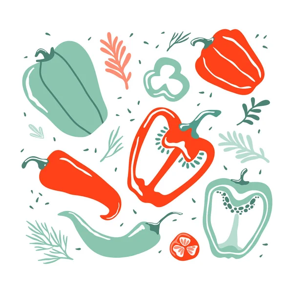 Set med handritade färgglada klotter grönsaker i trendig ekologisk stil. Röd och grön paprika på en vit bakgrund. Varm chilipeppar. Grönsaker platt ikoner. Vegetarisk hälsosam mat. Jordbruksprodukter — Stock vektor