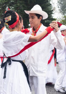 Xalapa, Veracruz, Meksika - 24 Kasım 2019: La Bamba 2019 'da Xalapa, Veracruz, Meksika' da geleneksel kıyafetlerle dans eden genç çift