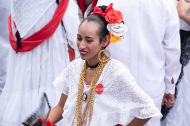 Xalapa, Veracruz, Meksika - 24 Kasım 2019: La Bamba 2019 tarihinde Meksika 'nın Veracruz şehrinde geleneksel kıyafetlerle dans eden genç kadın