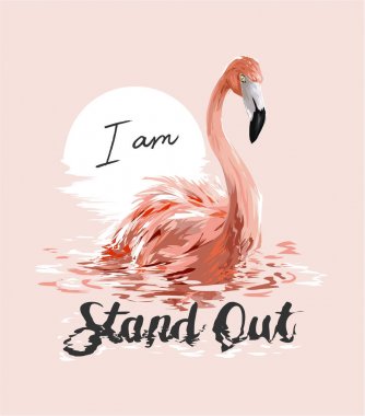 suda ıslatın ve günbatımı ve metin şirin pembe flamingo kuş vektör çizim tasarımı
