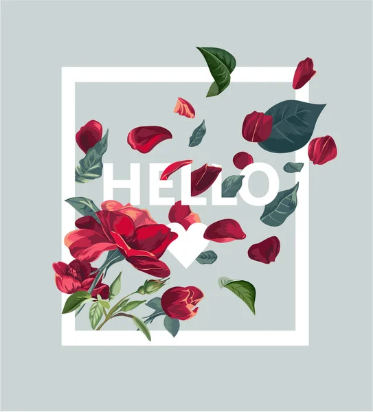 Слоган Hello Иллюстрацией Лепестков Роз — стоковый вектор