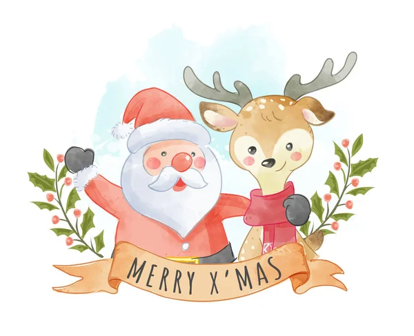 Cute Santa Claus Reindeer Christmas Sign — Stock Vector