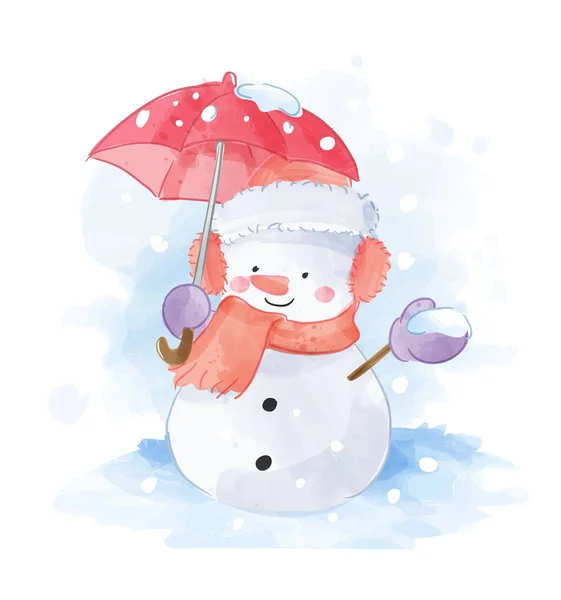 Homme Des Neiges Avec Parapluie Rouge Illustration — Image vectorielle