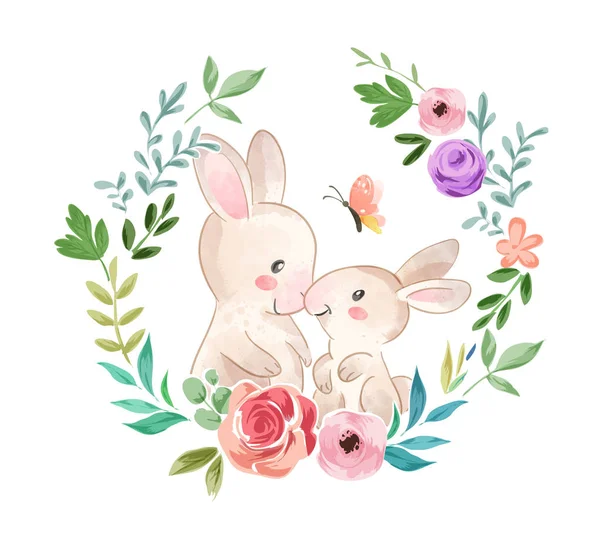 Мила Сім Кроликів Квітковому Вінку Ілюстрація — стоковий вектор