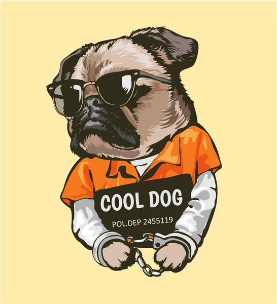 Desenho Animado Pug Cão Prisão Traje Com Sinal Ilustração — Vetor de Stock