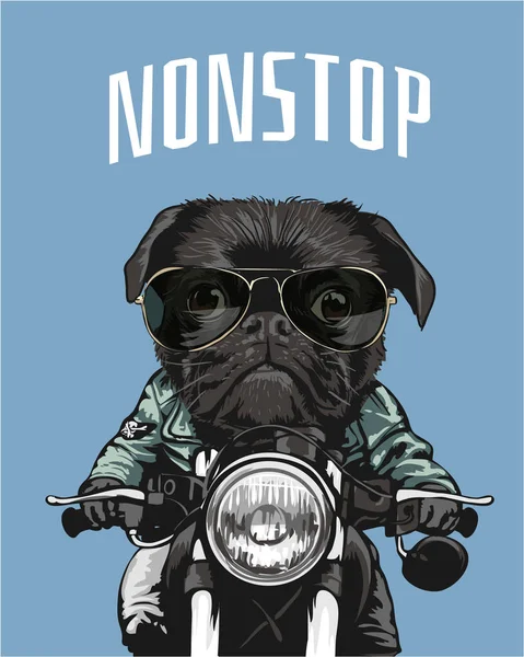 Zwart Pug Rijden Motorfiets Illustratie — Stockvector