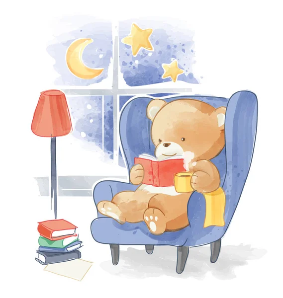 Милый Медведь Читает Книгу Диване — стоковый вектор
