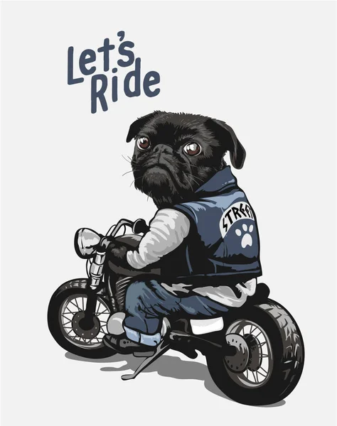 Zwart Pug Motorfiets Cartoon Illustratie — Stockvector