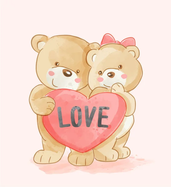 Lindo Oso Pareja Con Amor Corazón Ilustración — Vector de stock