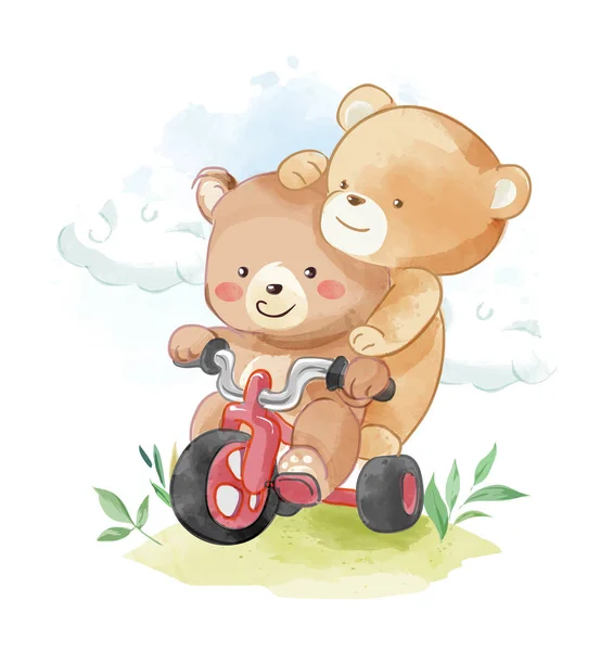 Kartun Beruang Teman Naik Ilustrasi Sepeda Roda Tiga - Stok Vektor