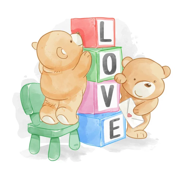 Kartun Teman Beruang Dengan Gambar Kotak Cinta - Stok Vektor