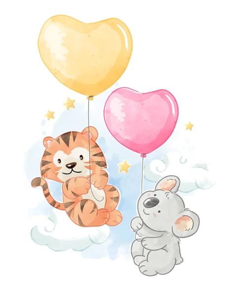 Cartoon Tierfreunde Mit Luftballons Illustration — Stockvektor