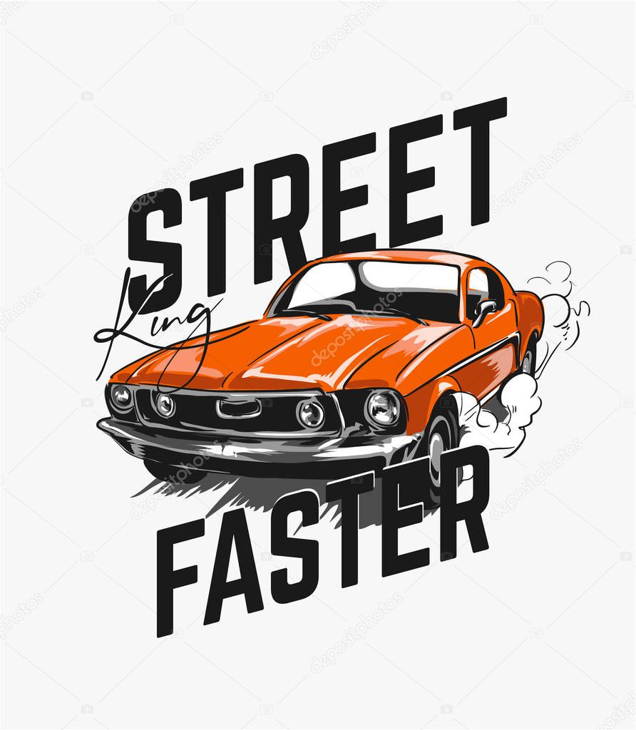 slogan with vintage race car illustration