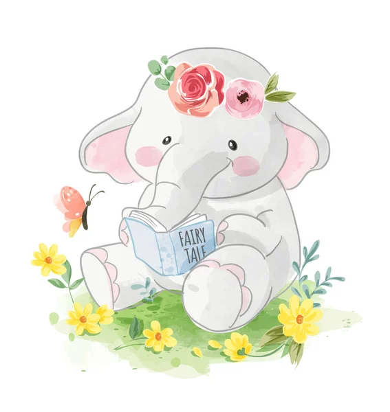 Elefante Dos Desenhos Animados Lendo Livro Jardim —  Vetores de Stock