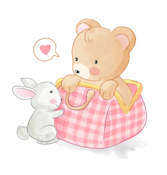 Ours Mignon Dans Sac Avec Illustration Lapin — Image vectorielle