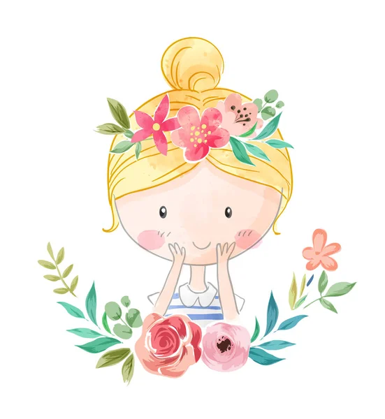 Desenho Animado Bonito Menina Floral Coroa Ilustração —  Vetores de Stock