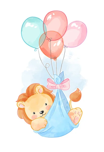 Lion Mignon Ballons Berceau Illustration — Image vectorielle