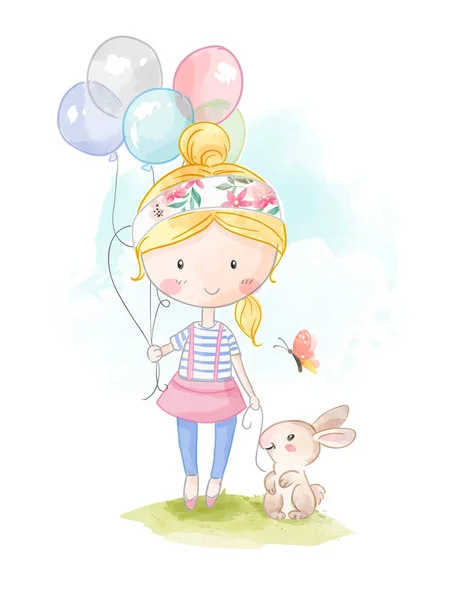 Desenho Animado Menina Segurando Balões Coelho Ilustração —  Vetores de Stock