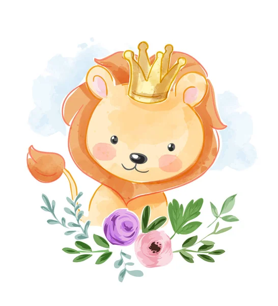 Милый Лев Золотой Короне Цветочная Иллюстрация — стоковый вектор