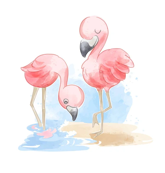 Bonito Flamingo Casal Praia Ilustração — Vetor de Stock