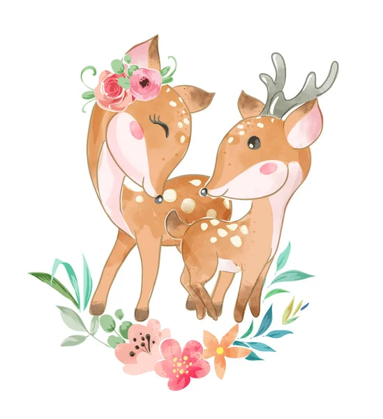 Cute Dear Family Flowers Illustration — Stock Vector