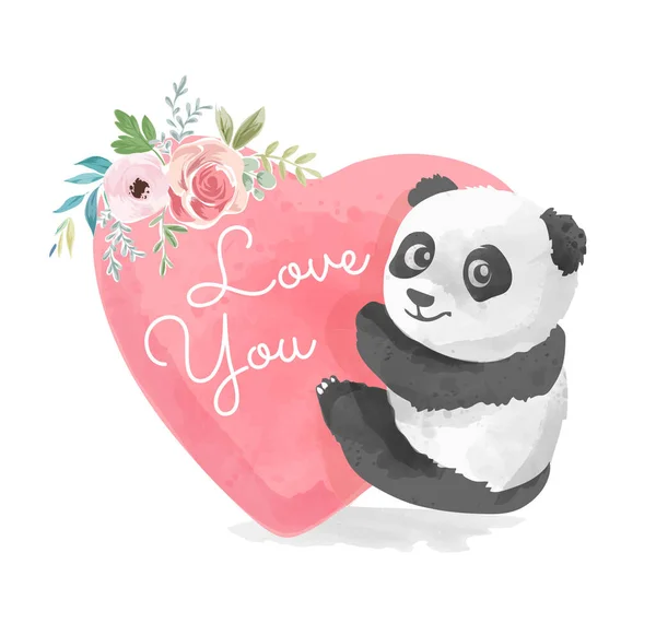 Şirin Panda Çiçek Resimli Aşk Sloganı — Stok Vektör