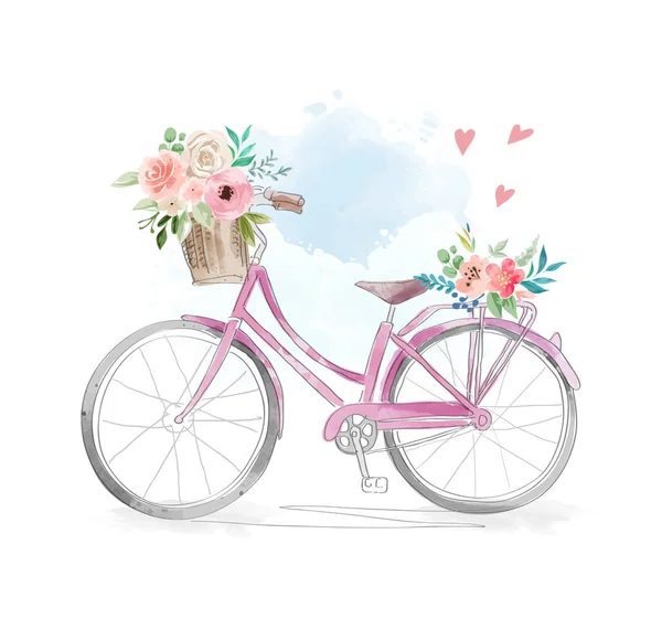 バスケットイラストの花と水彩自転車 — ストックベクタ