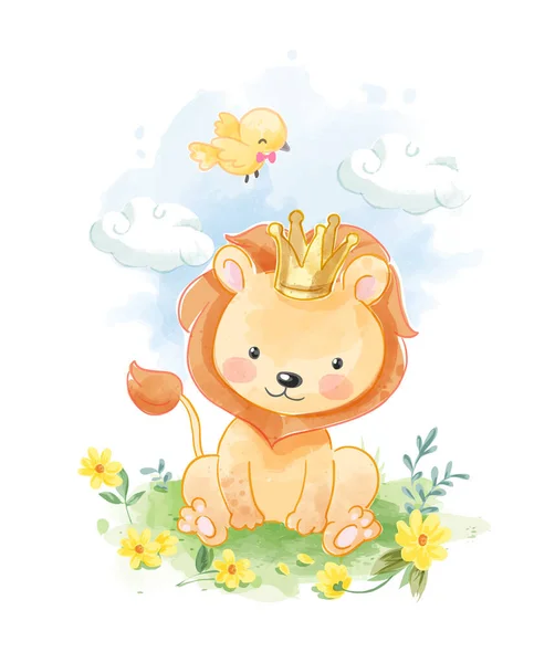 Χαριτωμένο Λιοντάρι Κινουμένων Σχεδίων Κάθεται Στο Κίτρινο Λουλούδι Τομέα — Διανυσματικό Αρχείο