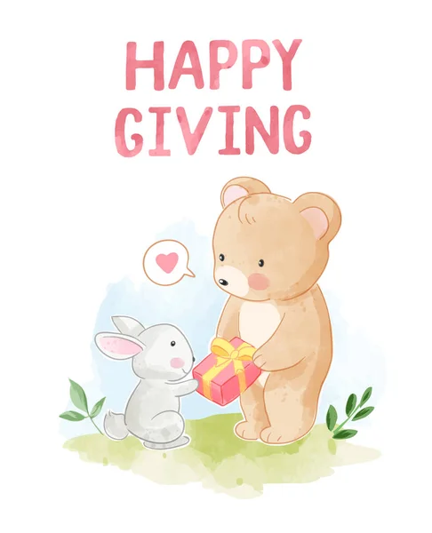 Happy Giving Cute Bear Berikan Hadiah Untuk Kelinci Kecil - Stok Vektor