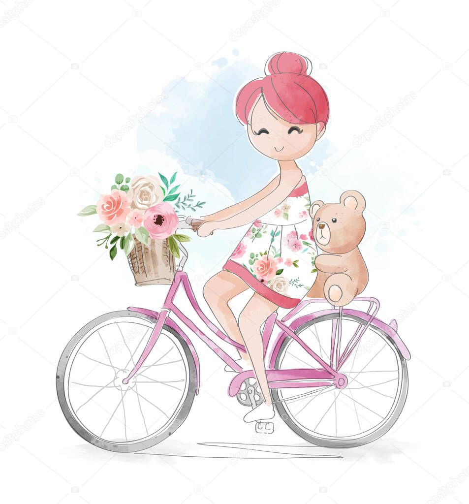 Cute Girl and Little Bear Riding Bicycle Illustration