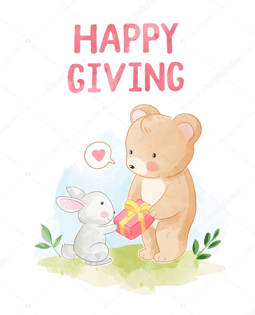 Happy Giving with Cute Bear Give a Gift to Little Rabbit 