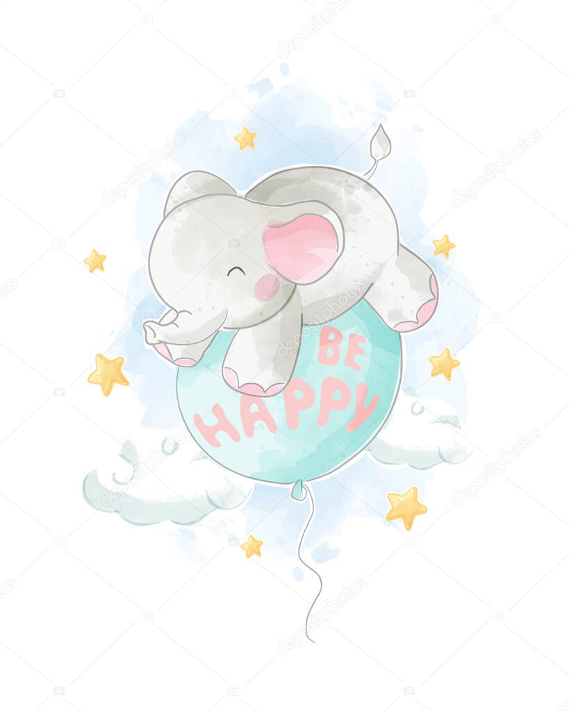 Cartoon Elephant on Happy Balloon Illustration