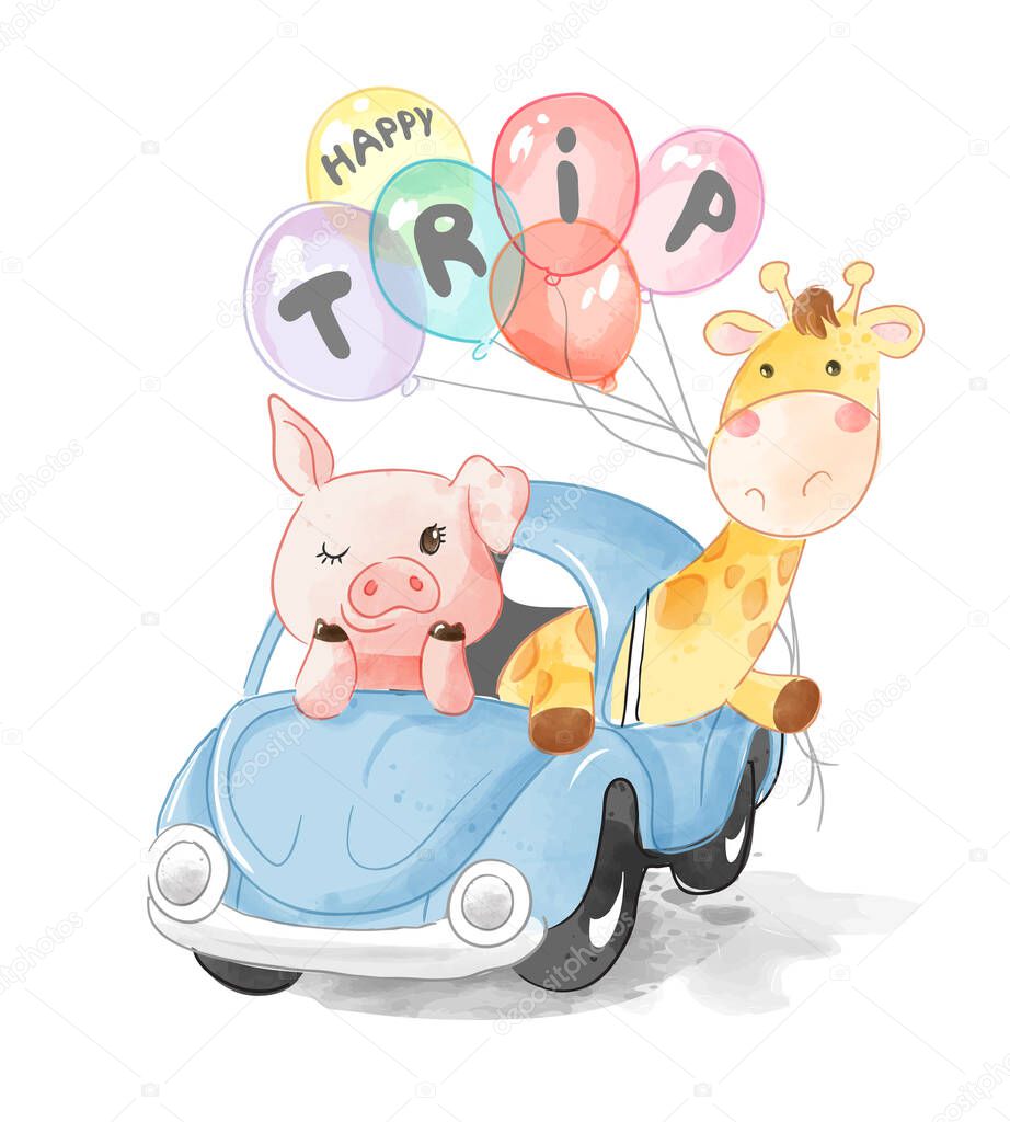 Animal Friends in Blue Car with Balloons Illustration