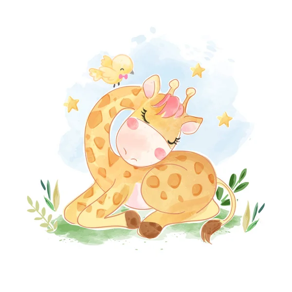 Girafa Dos Desenhos Animados Dormindo Com Ilustração Amarela Passarinho —  Vetores de Stock