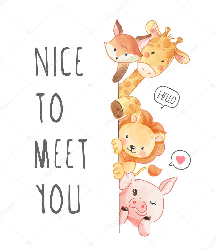 Nice to Meet You Slogan with Animals Friend Illustration