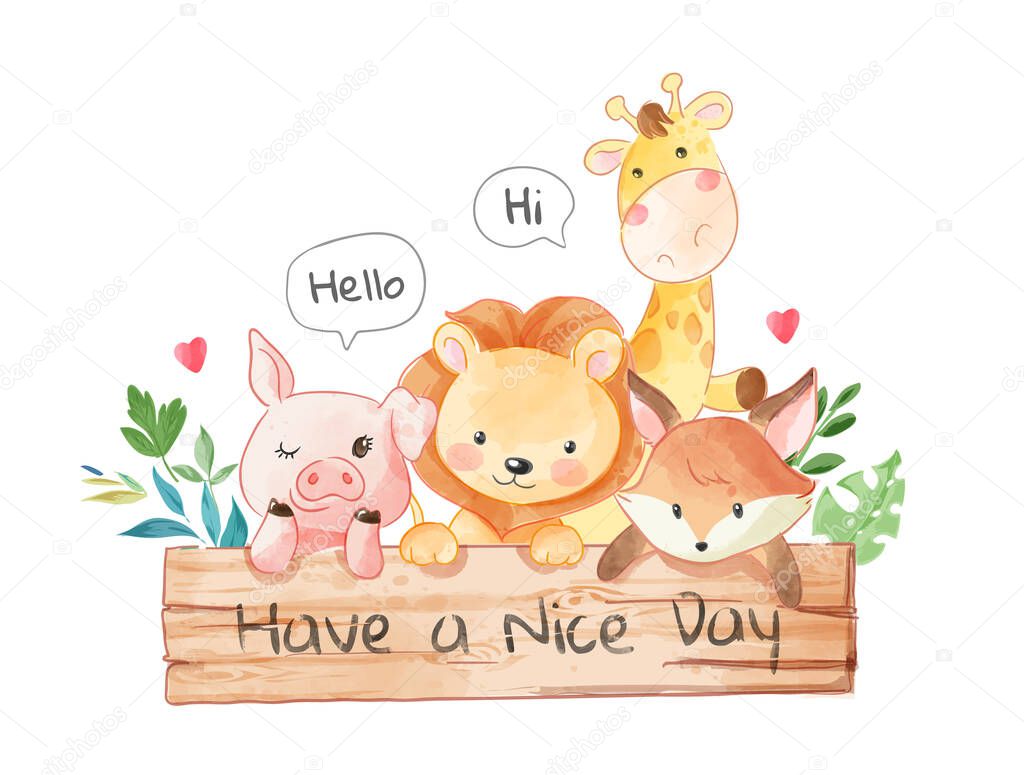 Cute Animal Friends with Wood Sign Board Illustration