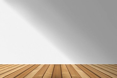 Gri beton duvar, ahşap döşemeli..