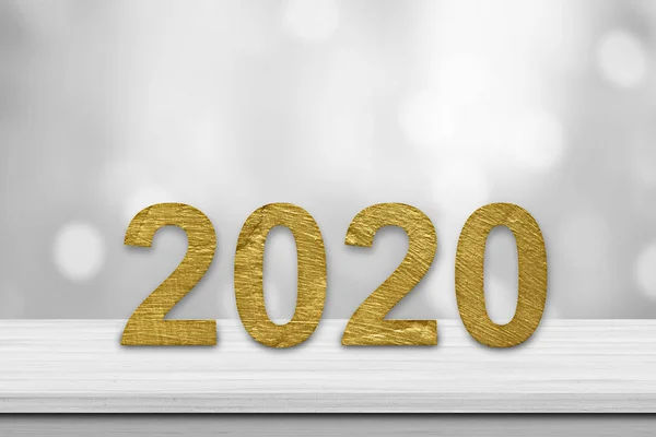 在模糊的白色波克亮的背景上 用金色的白木桌面写上2020年的征文 — 图库照片