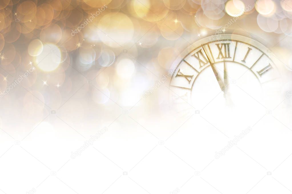 New Year's at midnight concept. Clock of holiday counting last moments before Christmas or New Year.