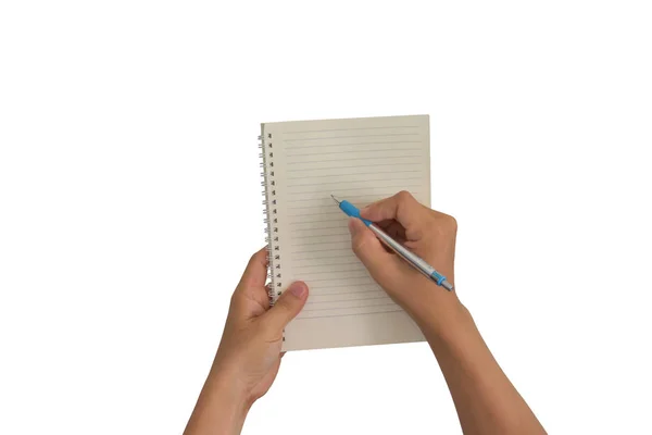 Design Concept Hand Pen Writing Blank Notebook Isolated White Background — Stock Photo, Image