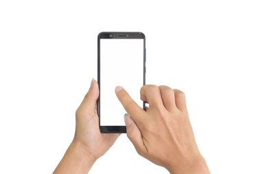 El ele tutuşan cep telefonu ve dokunmatik ekran beyaz arka planda izole. kırpma yolu ile