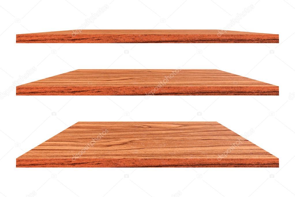 Empty vintage wooden shelf isolated on white background. with clipping path