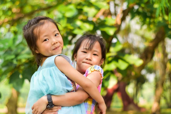 Азиатская сестра носит свою маленькую девочку в летнем зеленом парке . Стоковое Фото