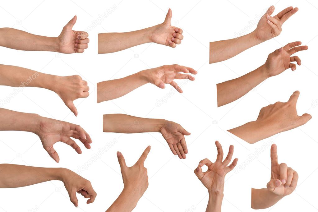 Set of male hand multiple collection in gestures isolated on white background