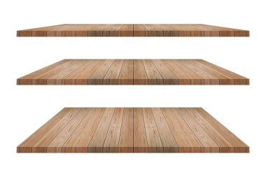 İzole edilmiş beyaz arka planda kahverengi ahşap raflar. Tasarım ve dekorasyon için kırpma yolu olan nesneler