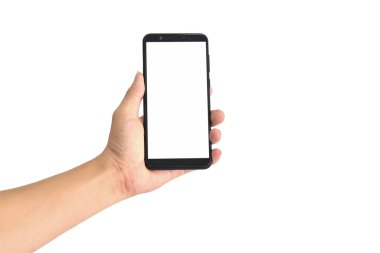 Beyaz arka planda izole edilmiş, boş ekranlı, siyah bir akıllı telefon. kırpma yolu ile.