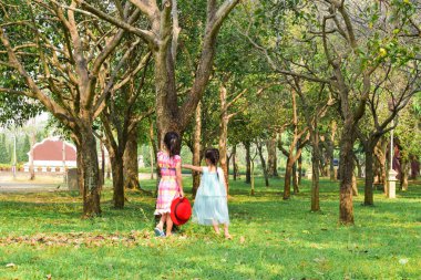 Parktaki ağaçta oynayan iki kız kardeş..